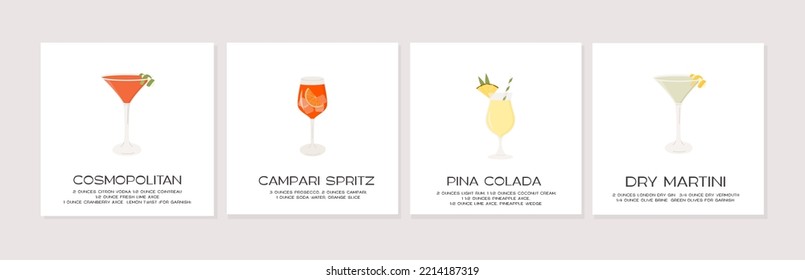 Set of classic cocktail recipe cards. Different alcoholic drinks in glasses with ice and garnish. Cosmopolitan, Campari Aperol Spritz aperitif, Pina Colada, Dry Dirty Martini. Vector flat illustration