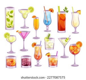 Set von klassischen Cocktails blaue Lagune, Martini, Aperol Spritz. italienische Aperitifcocktails. Alkoholisches Getränk für Getränke-Bar-Menü. Strandurlaub, Sommerferien, Party, Café-Bar, Erholung. Vektorgrafik