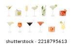Set of classic cocktails. Different alcoholic drinks in various glasses. Summer aperitif garnish with lime twist, orange slice, olive skewer, cherry. Vector illustration of soft and alcohol beverages.