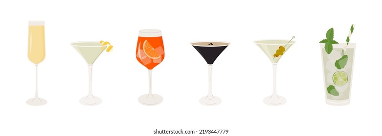 Set of classic cocktails. Different alcoholic drinks in various glasses. Summer aperitif. Mojito with mint, Martini with olives, Aperol Campari Spritz. Vector flat illustration of alcohol beverages.