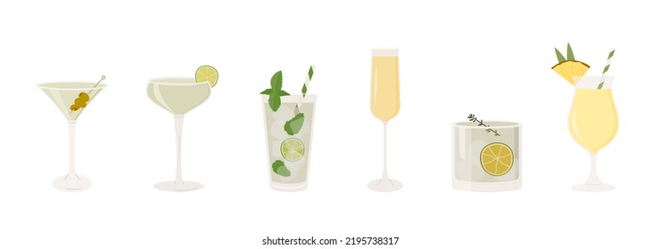 Set of classic cocktails. Different alcoholic drinks in various glasses. Summer aperitif. Mojito, Mimosa, Pina colada, Martini, Daiquiri and Margarita. Vector flat illustration of alcohol beverages.