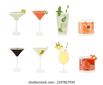 Set of classic cocktails. Different alcoholic drinks in various glasses. Summer aperitif. Mojito, Spritz, Pina colada, Martini, Daiquiri and Cosmopolitan. Vector flat illustration of alcohol beverages