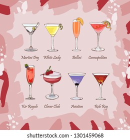 Set of classic cocktails. Fresh bar alcoholic drinks menu. Vector sketch illustration collection. Hand drawn. Martini dry, White Lady, Bellini, Cosmopolitan, Kir Royale, Clover club, Aviation, Rob Roy