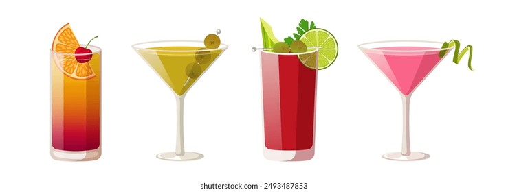 Set of classic cocktails isolated on white background. Alcohol drinks in tall glasses. Vector illustration of tequila sunrise, cosmopolitan, Martini and bloody Mary