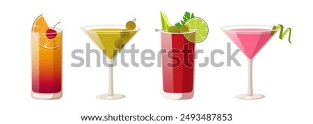 Set of classic cocktails isolated on white background. Alcohol drinks in tall glasses. Vector illustration of tequila sunrise, cosmopolitan, Martini and bloody Mary