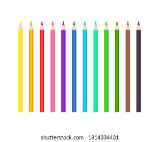 Set of classic colored sharpened pencils of 12 colors. Office and school writing or drawing stationery collection. Vector illustration isolated on white background 