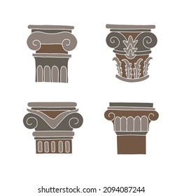 Set of classic columns in different styles. Vector graphics