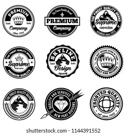 Set of classic company retro or old, vintage badges or banners, sign or logotype, labels and stickers with crown and star, ship steering wheel and anchor, glasses and moustache, laurel wreath
