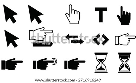 A set of classic computer cursor icons in black, including pointer, hand, text, resize, and hourglass waiting symbols.