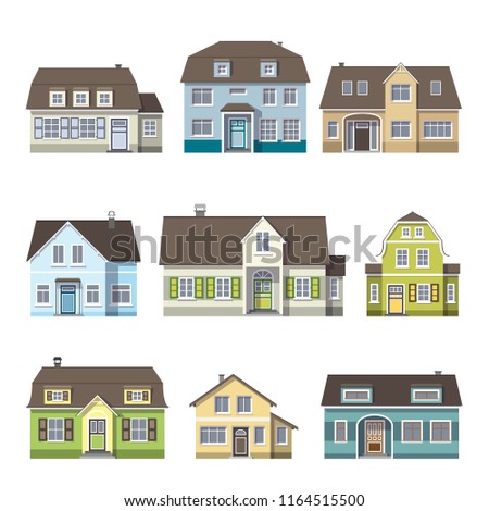 Set of classic cottage house, front view. Isolated on white background.