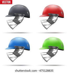 Set of Classic Cricket Helmets Side View. Sport symbol and equipment. Vector Illustration isolated on white background.