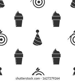 Set Classic dart board and arrow, Party hat and Ice cream in waffle cone on seamless pattern. Vector