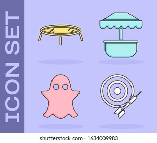 Set Classic dart board and arrow, Jumping trampoline, Ghost and Attraction carousel icon. Vector