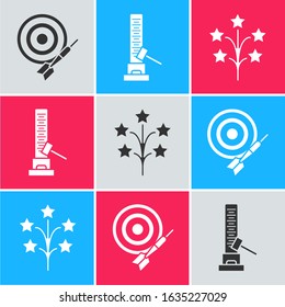 Set Classic dart board and arrow, High striker attraction with big hammer and Fireworks icon. Vector