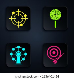 Set Classic dart board and arrow, Target sport for shooting competition, Ferris wheel and Lollipop. Black square button. Vector