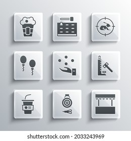Set Classic dart board and arrow, Ticket box office, Striker attraction with hammer, Juggling ball, Paper glass water, Balloons, Popcorn and Hunt rabbit crosshairs icon. Vector