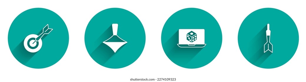 Set Classic dart board and arrow, Whirligig toy, Game dice and Dart icon with long shadow. Vector