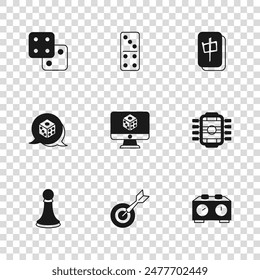 Set Classic dart board and arrow, Table football, Time chess clock, Game dice, Mahjong pieces, Domino and  icon. Vector