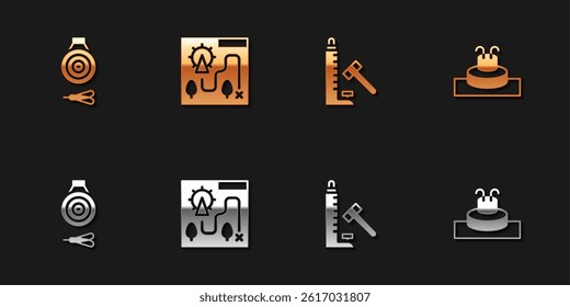 Set Classic dart board and arrow, Amusement park map, Striker attraction with hammer and Fountain icon. Vector