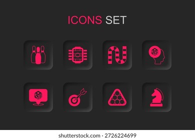 Set Classic dardo tablero y flecha, futbolín, bolas de billar triángulo, dados de juego, ajedrez, juego de Tablero e icono. Vector