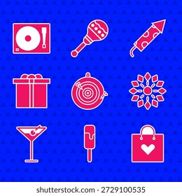 Set Classic Dart Board und Pfeil, Eis, Einkaufstasche mit Herz, Feuerwerk, Martini Glas, Geschenkbox, Rakete und Vinyl Player Vinyl Disc Symbol. Vektorgrafik