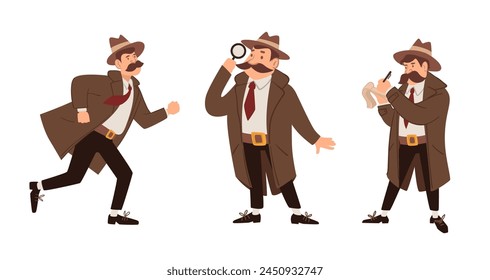 A set of classic detective characters in various poses, vector illustration.