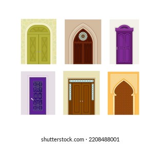 Set of classic doors. Front doors of different styles and epochs, building facade element cartoon vector illustration