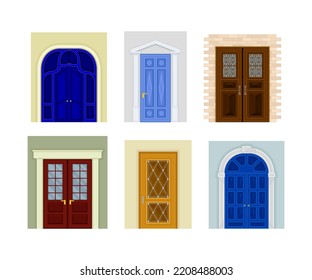 Set von klassischen Türen. Vordertüren verschiedener Stile und Epochen, Vektorgrafik