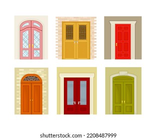 Set of classic doors. Wooden front doors, building facade elements cartoon vector illustration