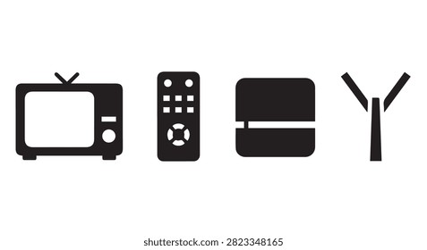 A set of classic electronic gadgets including a television, remote control, radio, and antenna, representing vintage technology and entertainment equipment.