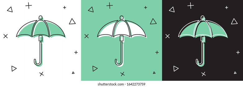 Set Classic elegant opened umbrella icon isolated on white and green, black background. Rain protection symbol.  Vector Illustration