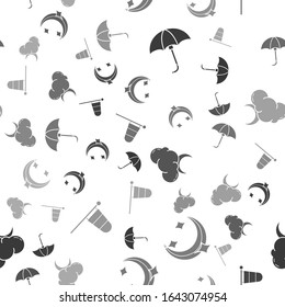 Set Classic elegant opened umbrella, Moon and stars, Cloud with moon and stars and Cone meteorology windsock wind vane on seamless pattern. Vector