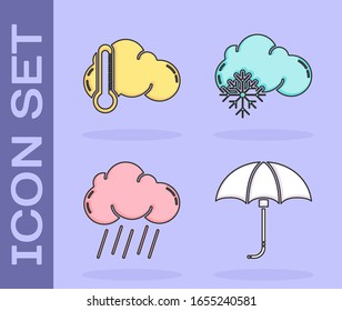 Set Classic elegant opened umbrella, Thermometer and cloud, Cloud with rain and Cloud with snow icon. Vector