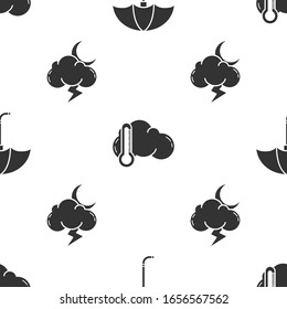 Set Classic elegant opened umbrella, Thermometer and cloud and Storm on seamless pattern. Vector