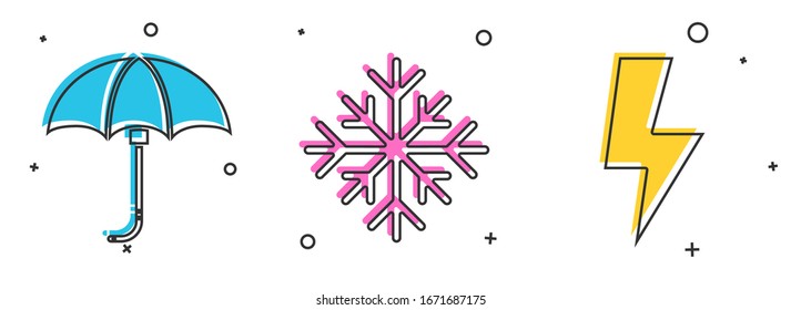 Coloque el elegante paraguas abierto clásico, el copo de nieve y el icono del rayo. Vector