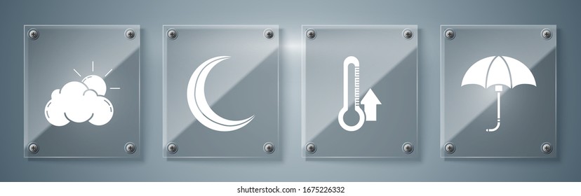 Set Classic elegant opened umbrella, Thermometer, Moon and stars and Sun and cloud weather. Square glass panels. Vector