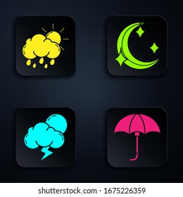 Set Classic elegant opened umbrella, Cloud with rain and sun, Storm and Moon and stars. Black square button. Vector