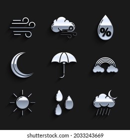 Set Classic elegant opened umbrella, Water drop, Cloud with rain and moon, Rainbow clouds, Sun, Moon stars, percentage and Wind icon. Vector