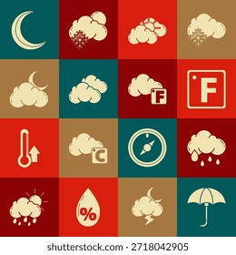 Paraguas abierto elegante clásico, nube con la lluvia, Fahrenheit, Clima del sol y de la nube, estrellas de la luna, luna e ícono. Vector