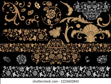 Set of classic elements and acanthus, and borders, and a baroque shell in gold and silver colors