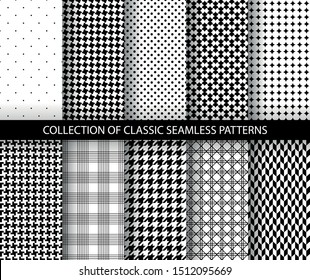 Set of classic fashion houndstooth seamless geometric patterns. Variations of pied de poule print