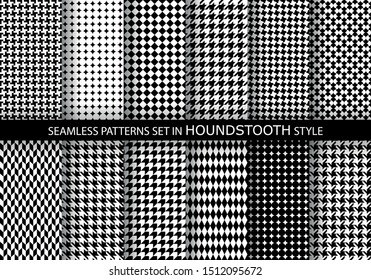 Set of classic fashion houndstooth seamless geometric patterns. Variations of pied de poule print