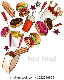 Set with classic fast food hamburger, hot dog, cola, french fries on a 
white background. The design menu and advertising