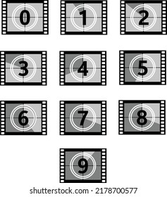 set a classic film countdown frame at the number one, two,three,four,five,six,seven,eight and nine. film countdown sign. movie timer count symbol.