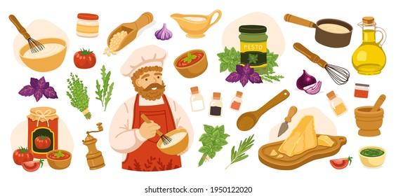 Set of classic french and italian sauces. Pesto, bolognese, béchamel, tomato sauce. Collection of different ingredients, vegetables, spices, herbs, kitchenware. Hand-drawn colored vector illustration.