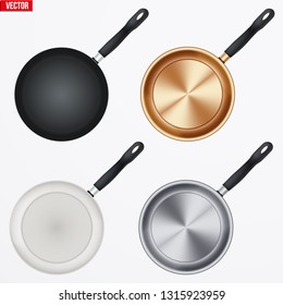 Set of Classic fry pan with handle. Top view and round shape. Brass and cerami and silver color. Kitchen and domestic utensil. Vector Illustration isolated on background.