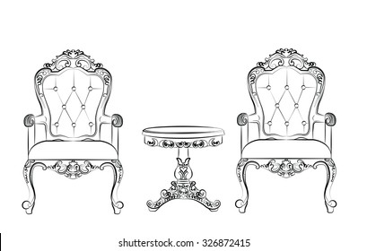 Set Of Classic Furniture With Rich Baroque Ornaments. Vector