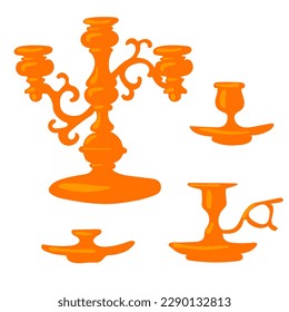 A set of classic gold candlesticks on a white background. Vintage hand lanterns. A triple candlestick with a grid, a single one with a handle and a single one without a handle. Decorative element