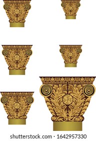 Set of classic gold columns in different styles. Vector graphics