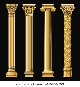 Set of classic gold columns in different styles. Vector graphics